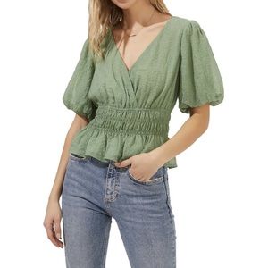 ASTR the Label Chiffon Smocked Blouse in Green Sage NWT